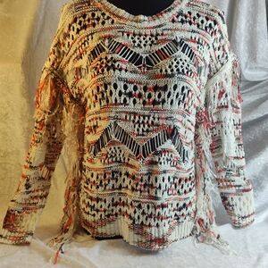 Boston Proper Crochet Fringe Sweater Open Knit Boho Pullover M